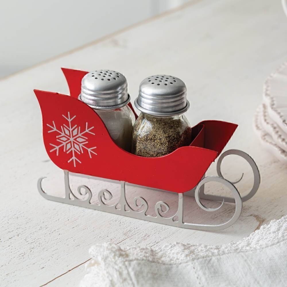 NEW! Whimsical Red Sleigh Salt and Pepper Caddy with Glass Shakers Christmas